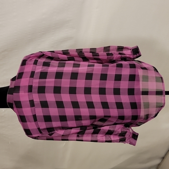 XHILARATION pink and black plaid sheer long sleeve button up blouse size small - Picture 4 of 13